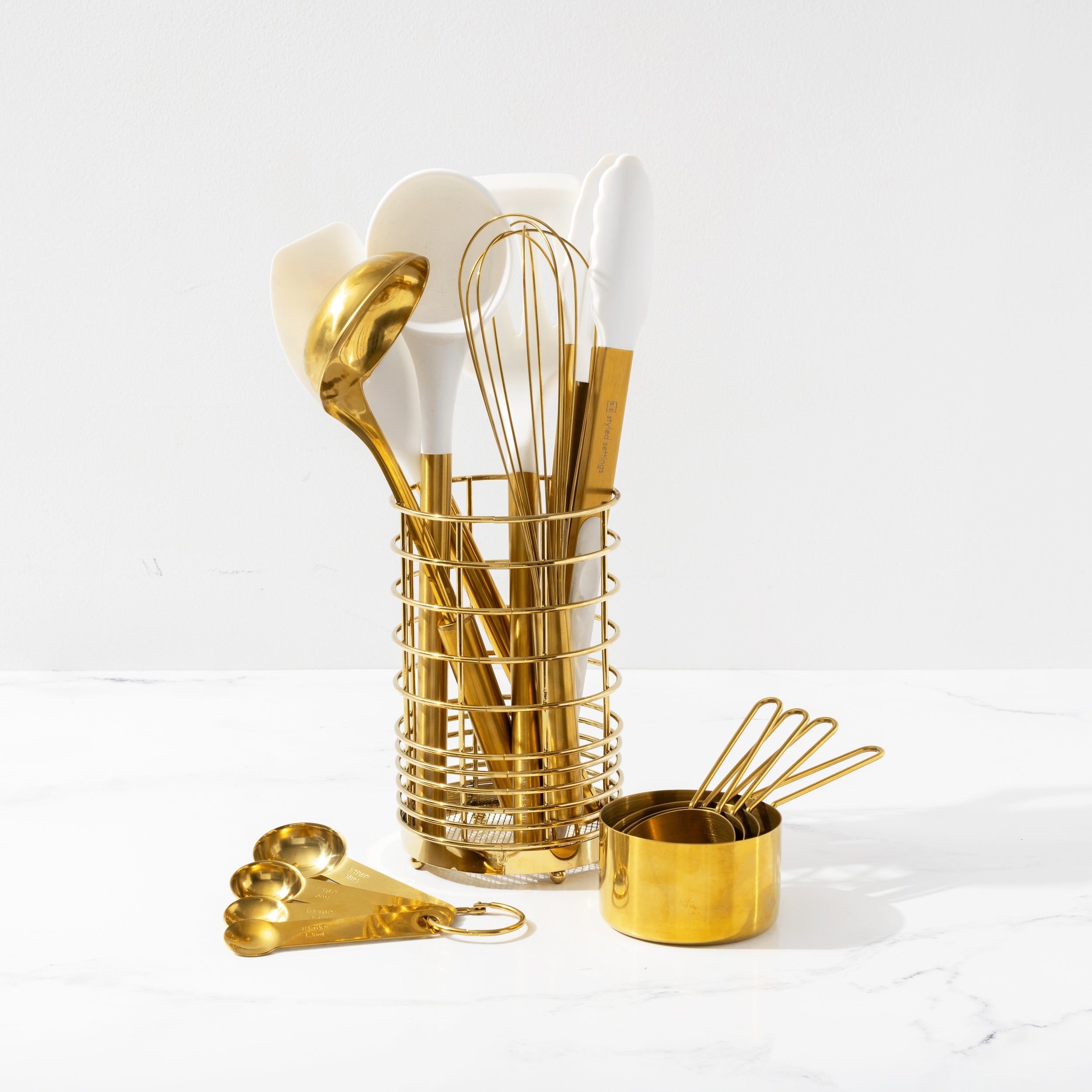 White and Vintage Gold Kitchen Utensils Duo