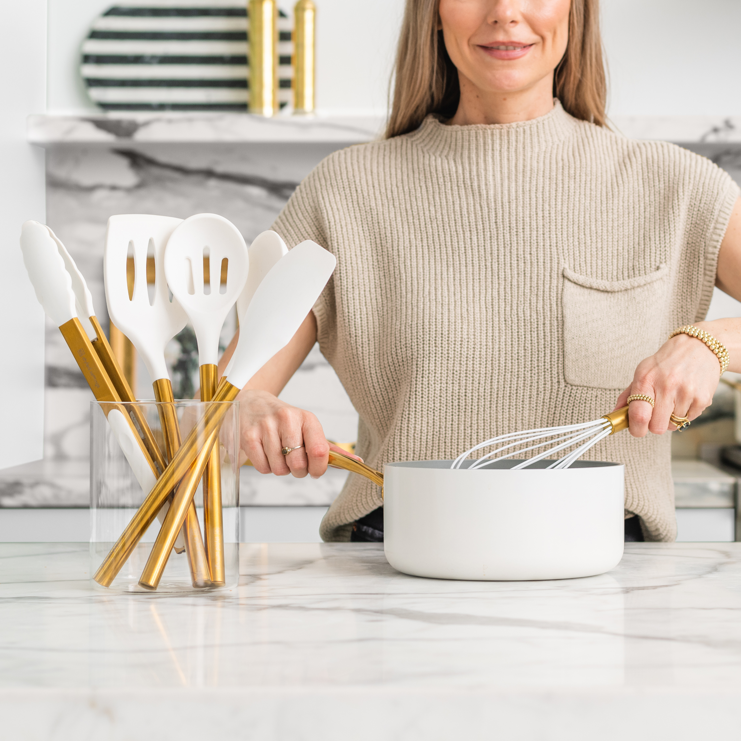 Styled Settings White & Gold Silicone Utensils with Holder and Measuring Cups & Spoons Set