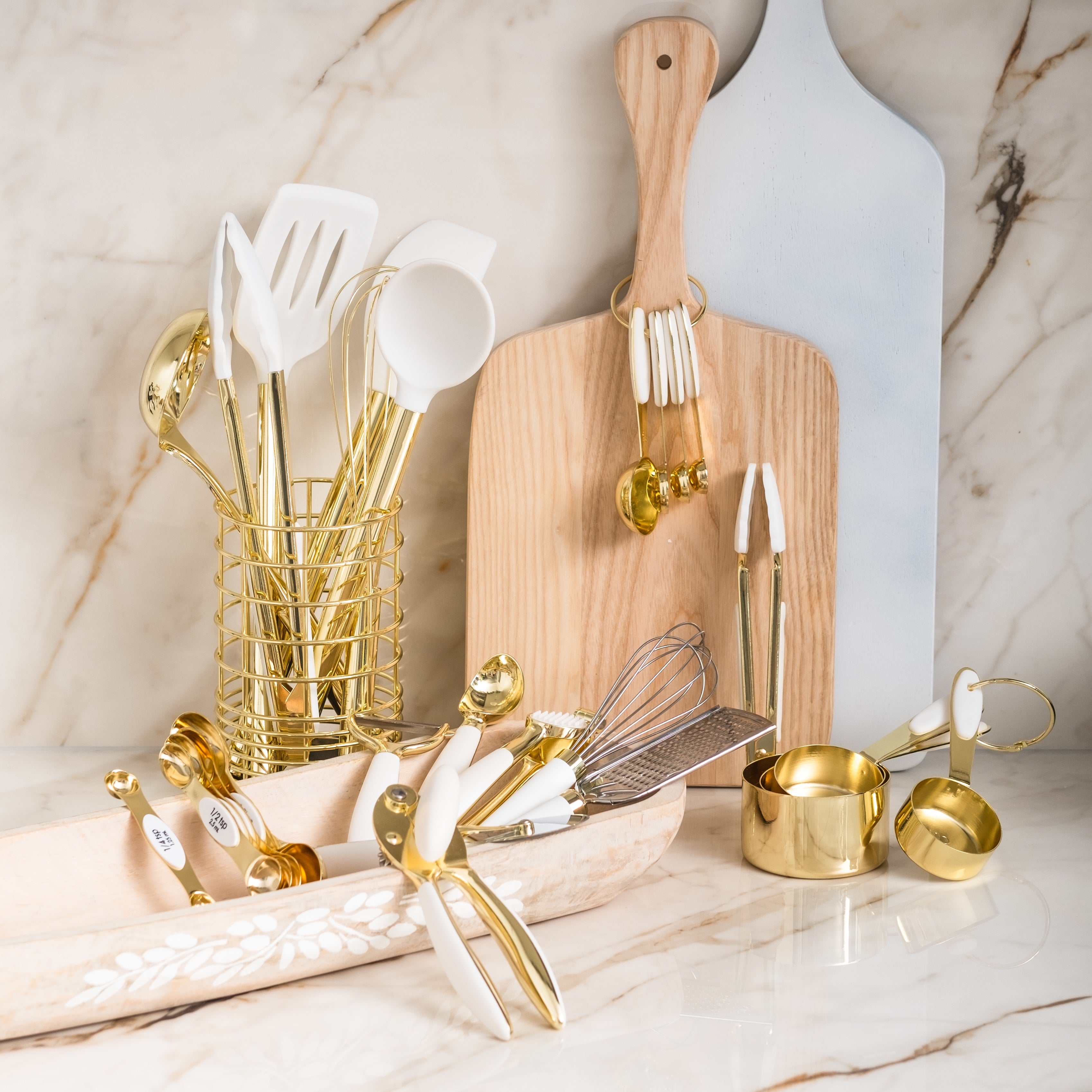 Styled Settings White & Gold Silicone Utensils with Holder and Measuring Cups & Spoons Set