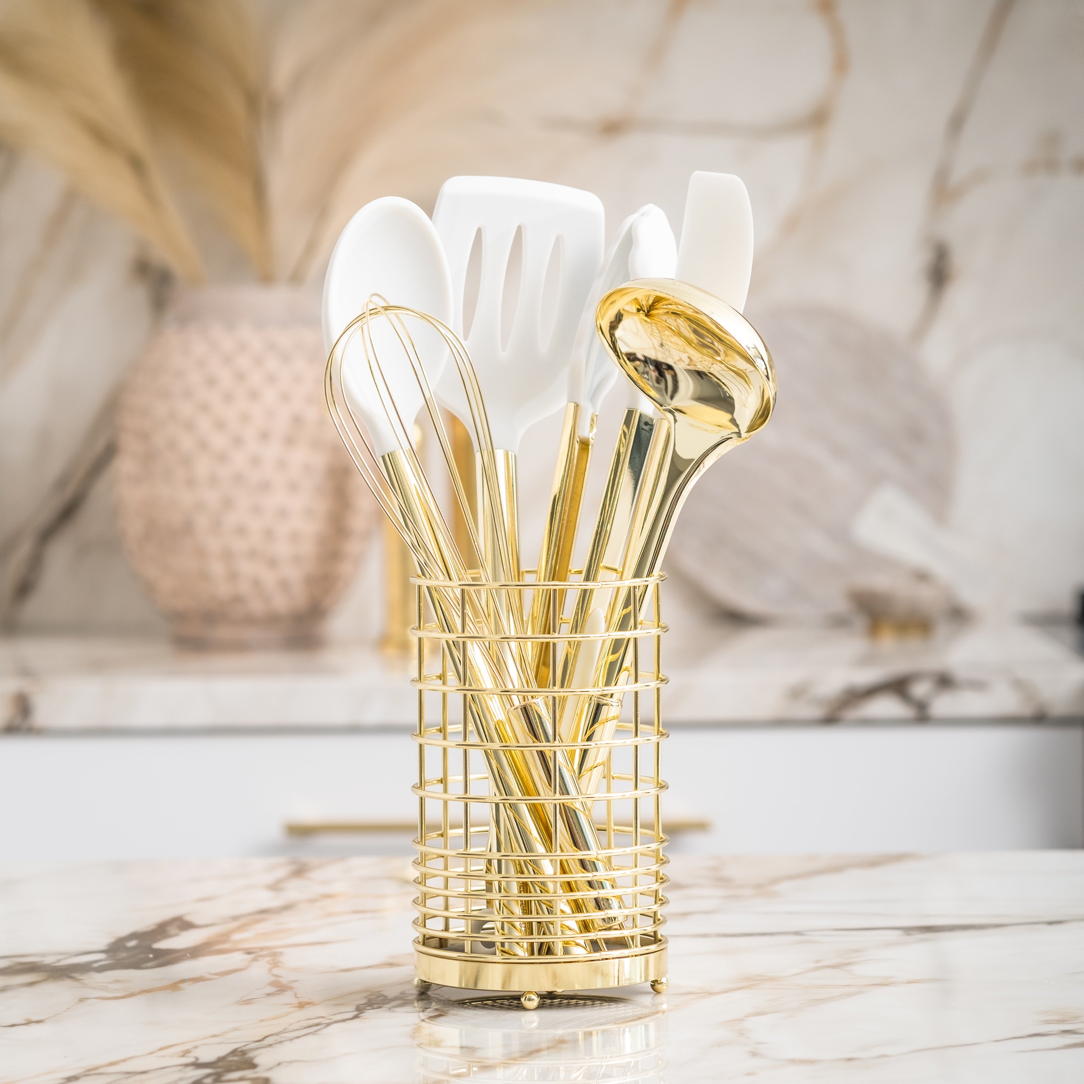 White and Light Gold Kitchen Utensils Set with Holder - Styled Settings