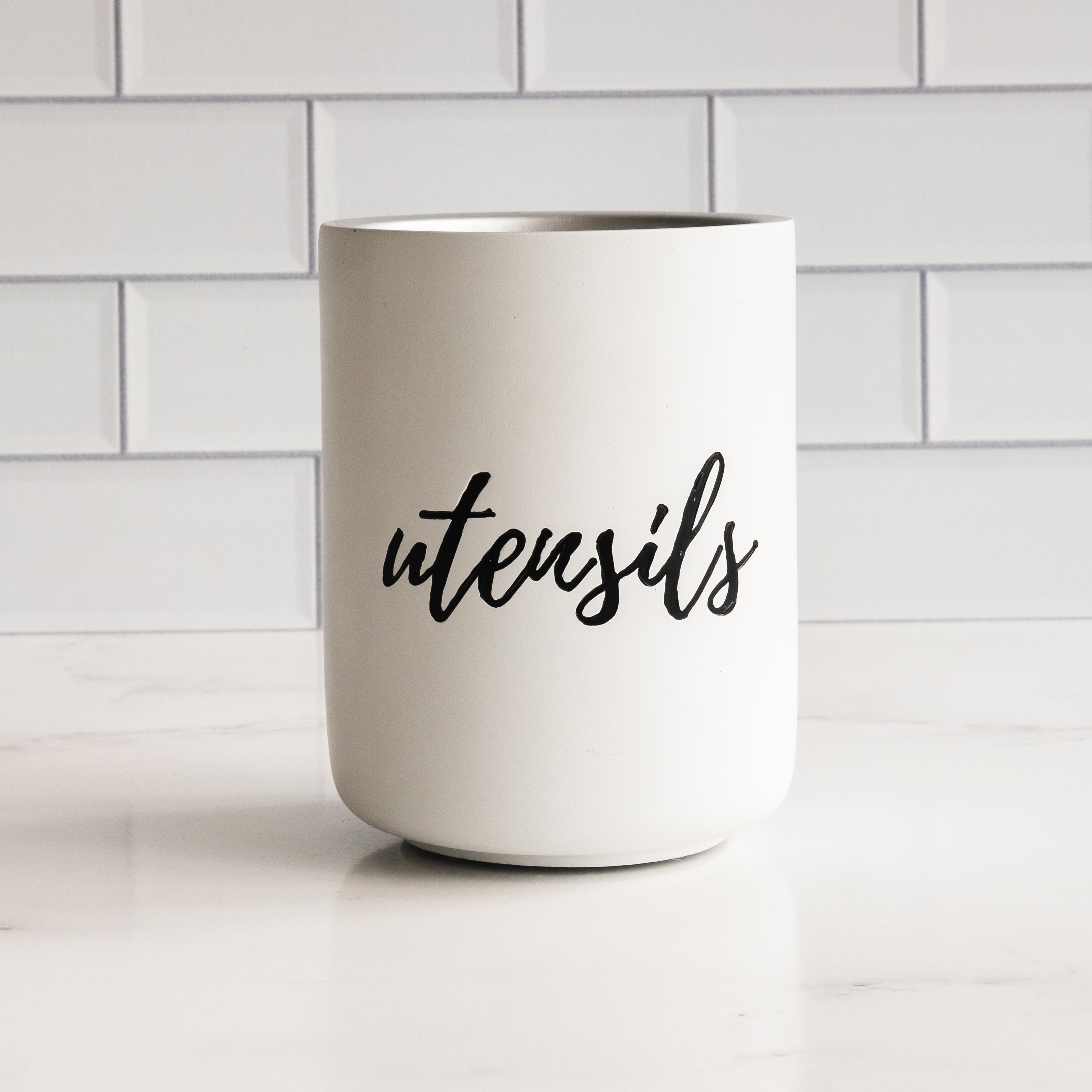 White and Silver Utensil Holder - Styled Settings