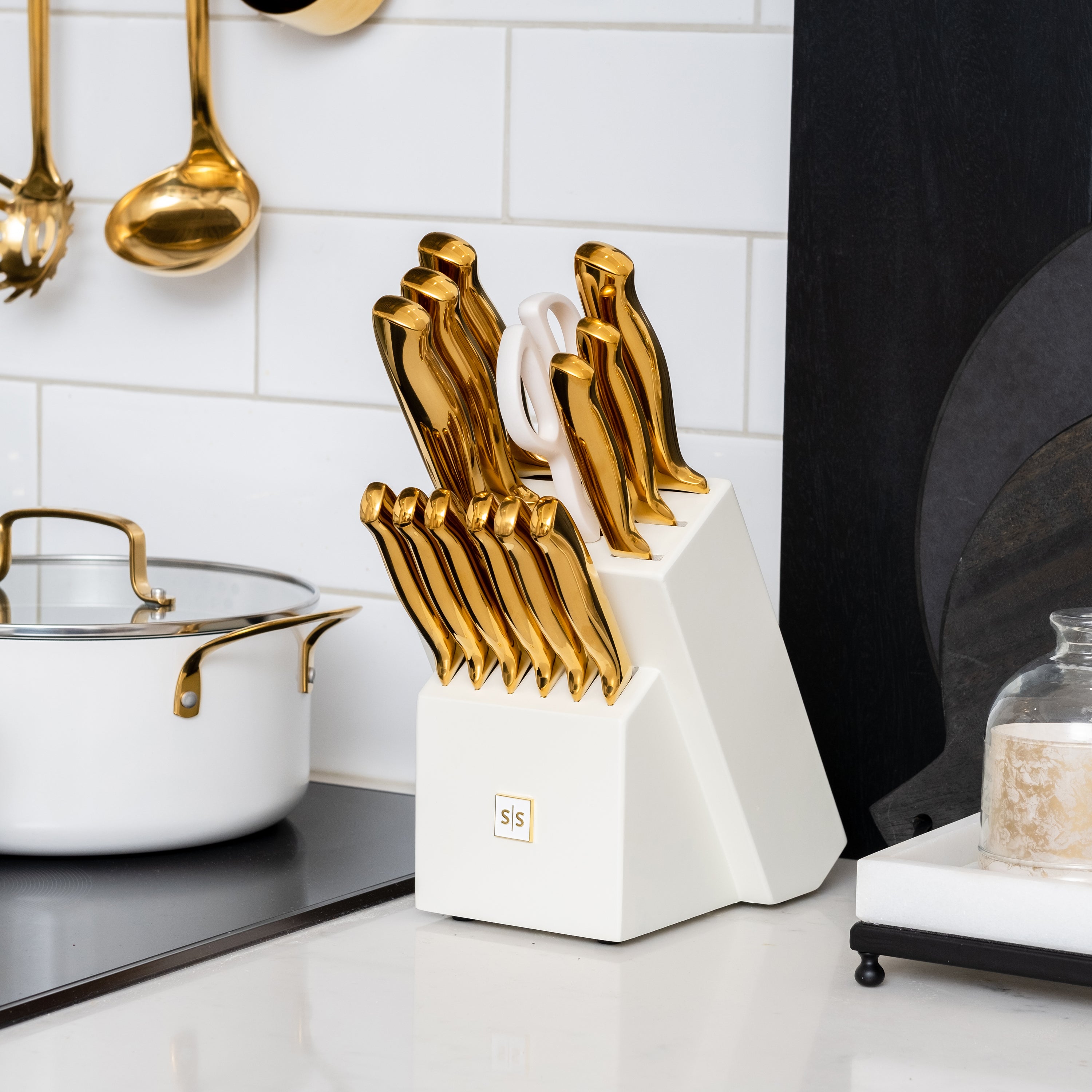 White and Gold Knife Set with Block Self Sharpening - 14 PC Titanium Coated  Gold and White Kitchen Knife Set and White Knife Block with Sharpener