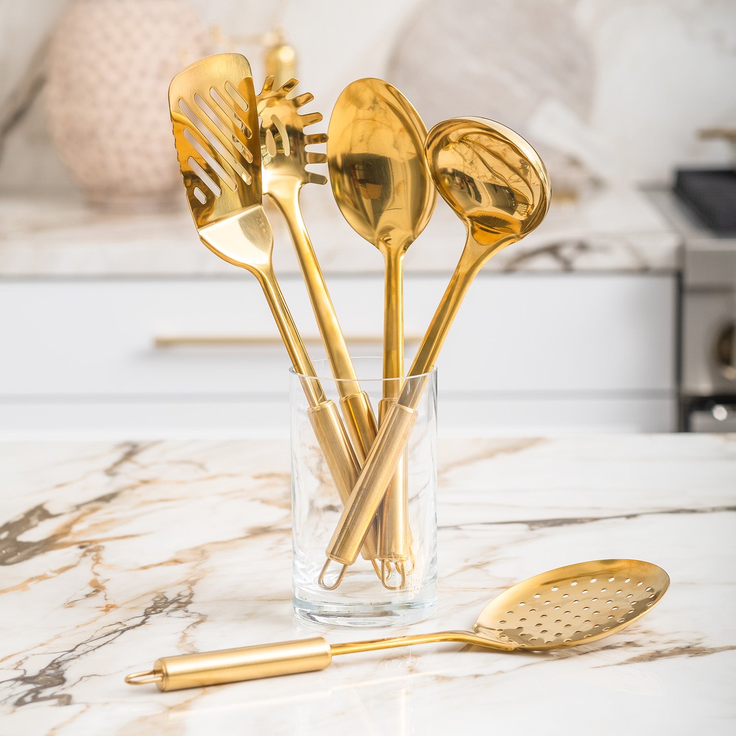 Styled Settings Black and Gold Kitchen Utensils with Stainless Steel Gold Utensil Holder -18 PC Black and Gold Cooking Utensils Set Includes