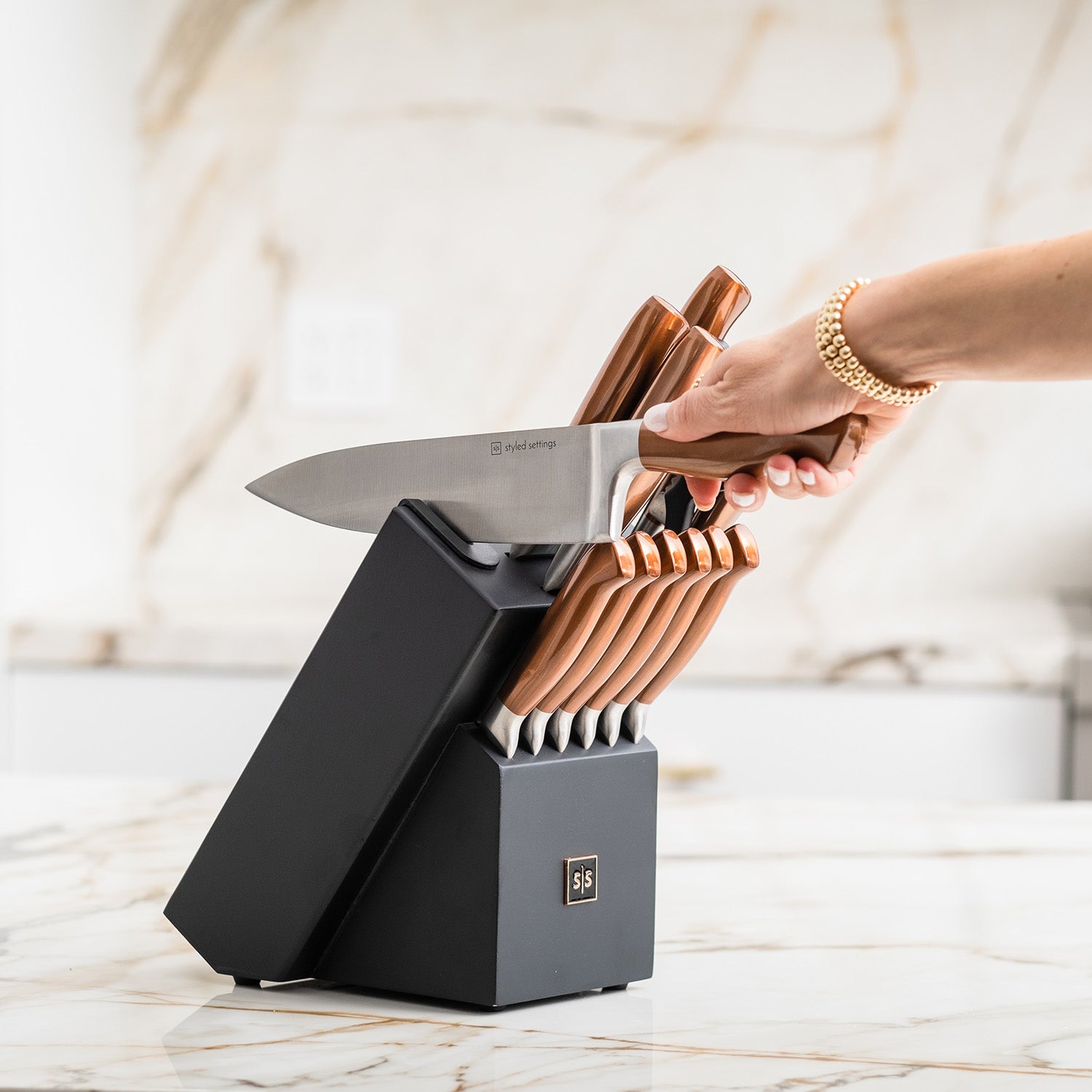 Styled Settings Copper Stainless Steel Knife Set with Walnut Knife Block, Gold